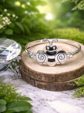 Silver Bee Charm Bangle Bracelet - Black Enamel Accent